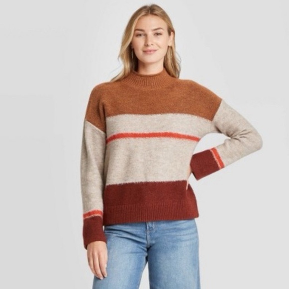 Universal thread mock neck colorblock striped swe… - image 1